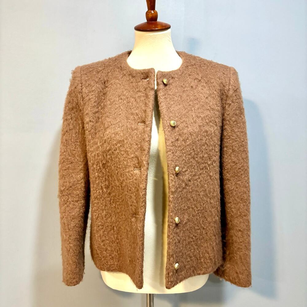 Brown Gold Button Bouclé Jacket Collarless Blazer Wool Blend Cozy Chic, Size 10